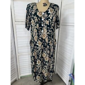 Caroline Wells Vintage 90s Green Cream Floral Flowy Shirt Dress Size 14